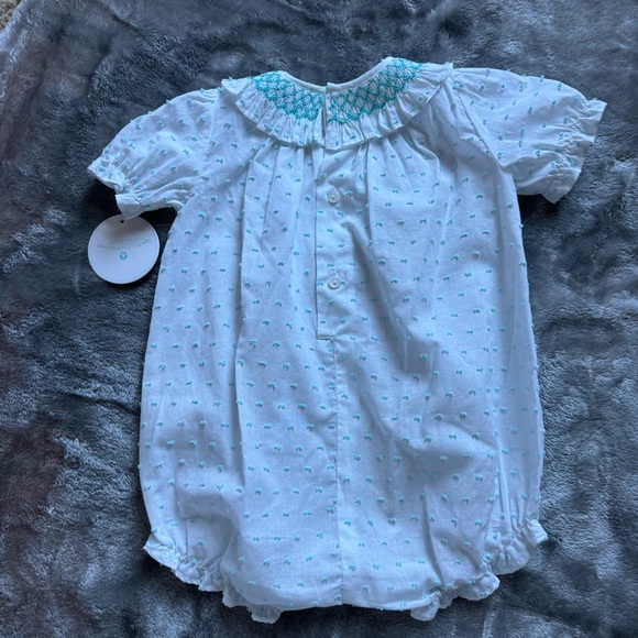 Edgehill Collection Baby Girls' Round Smocked Swiss Dot Romper 9M White Aqua NWT - Picture 2 of 7